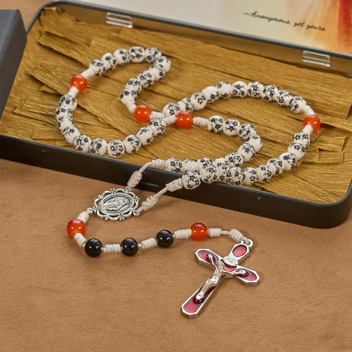 Christianartworkshop Miraculous Medal & Crucifix of 8mm Flower Ceramic Beads Handmade Rosary——Divine Protection Rosary