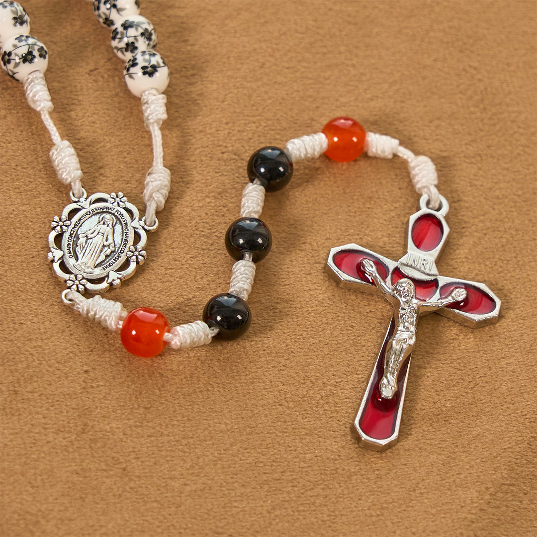 Christianartworkshop Miraculous Medal & Crucifix of 8mm Flower Ceramic Beads Handmade Rosary——Divine Protection Rosary