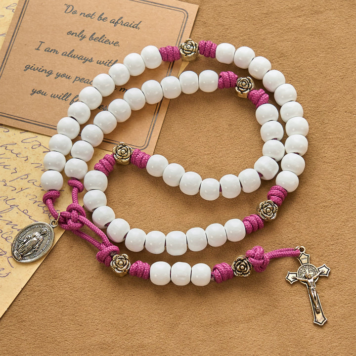 Christianartworkshop Grace - Infused Rosary: Handmade White Bead Rosary with Mary's Medal and Floral Accents