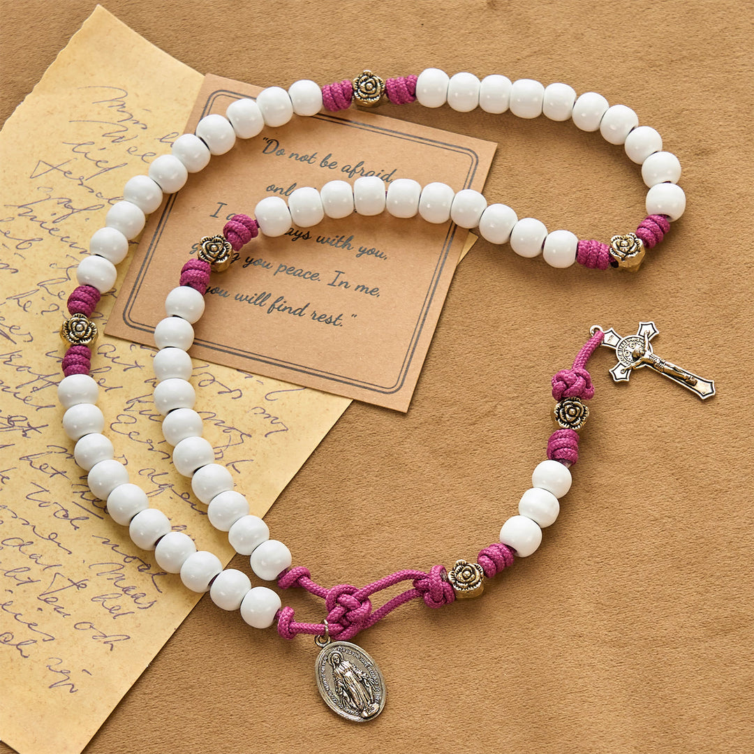 Christianartworkshop Grace - Infused Rosary: Handmade White Bead Rosary with Mary's Medal and Floral Accents - image 1
