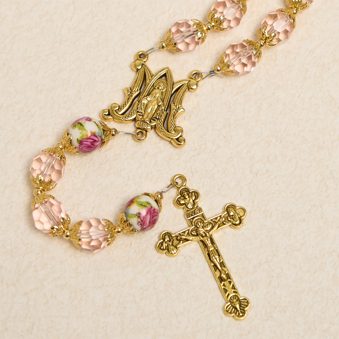 Christianartworkshop Pink Crystal Beads with Golden Alloy Chain Crucifix & Virgin Mary Prayer Rosary - image 4