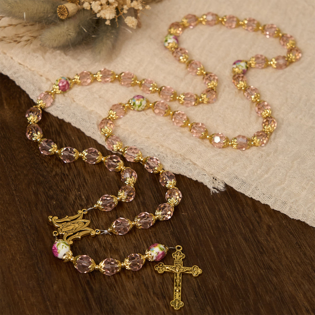 Christianartworkshop Jesus Is The Gift: Pink Crystal Beads Crucifix & Virgin Mary Rosary with Gift Card - image 5