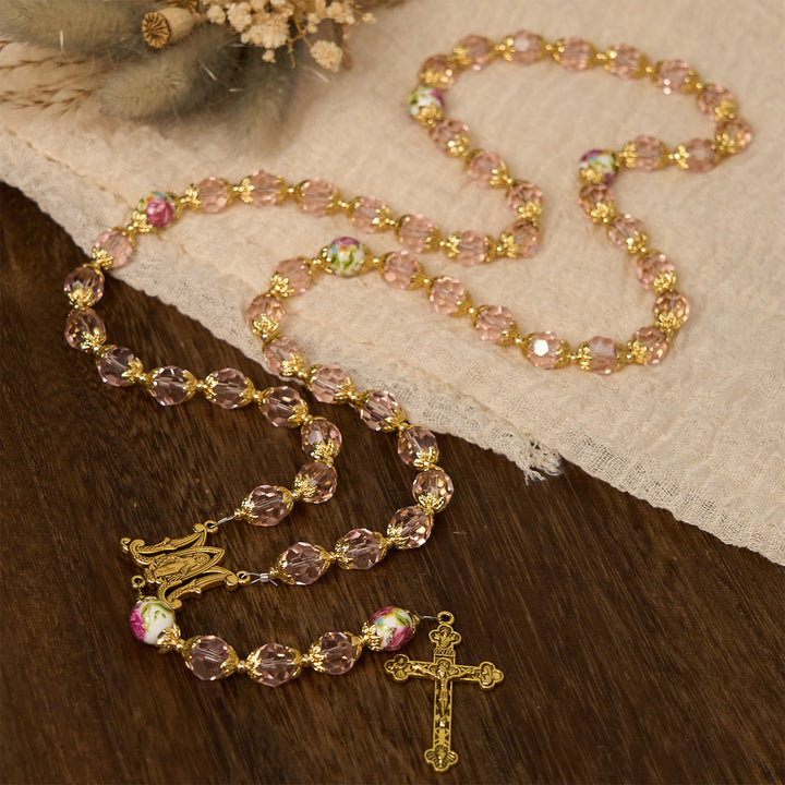 Christianartworkshop Jesus Is The Gift: Pink Crystal Beads Crucifix & Virgin Mary Rosary with Gift Card - image 5