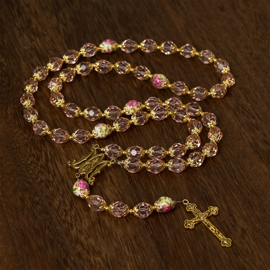 Christianartworkshop Pink Crystal Beads with Golden Alloy Chain Crucifix & Virgin Mary Prayer Rosary - Clear Pink Beads - image 0