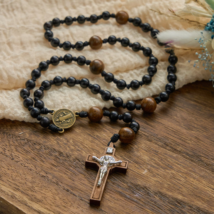 Christianartworkshop St. Benedict Medal & Crucifix of Black Wooden Round Beads Blessed Devotion Rosary - image 3