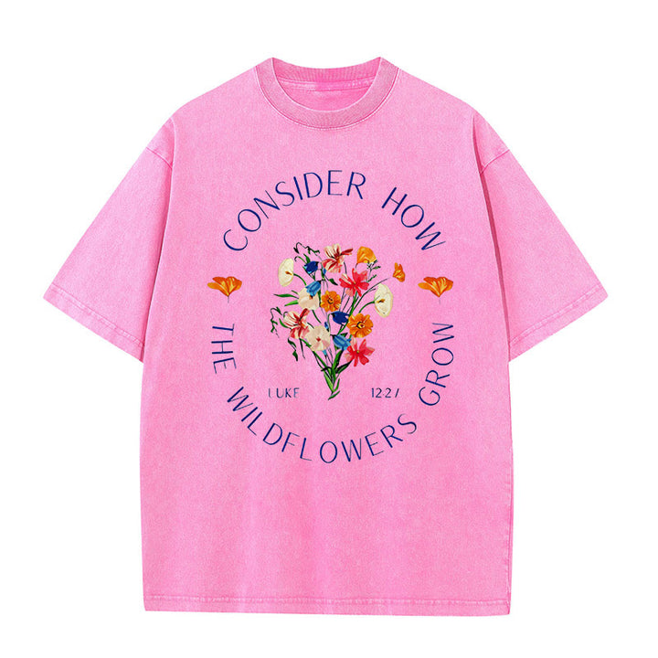 Christianartworkshop "Consider How The Wildflowers Grow" Unisex Washed T-Shirt - Pink - 5XL - image 5