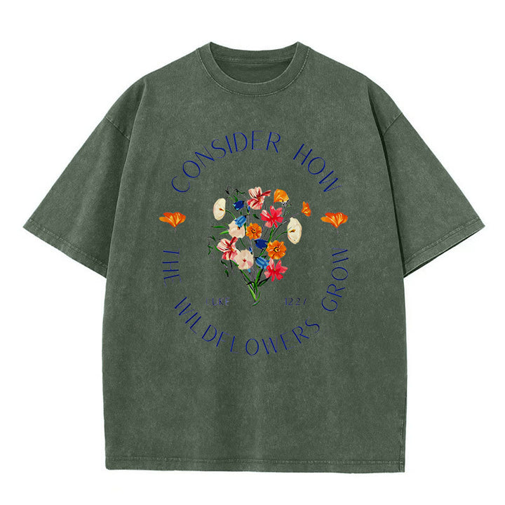 Christianartworkshop "Consider How The Wildflowers Grow" Unisex Washed T-Shirt - Army Green - 5XL - image 3