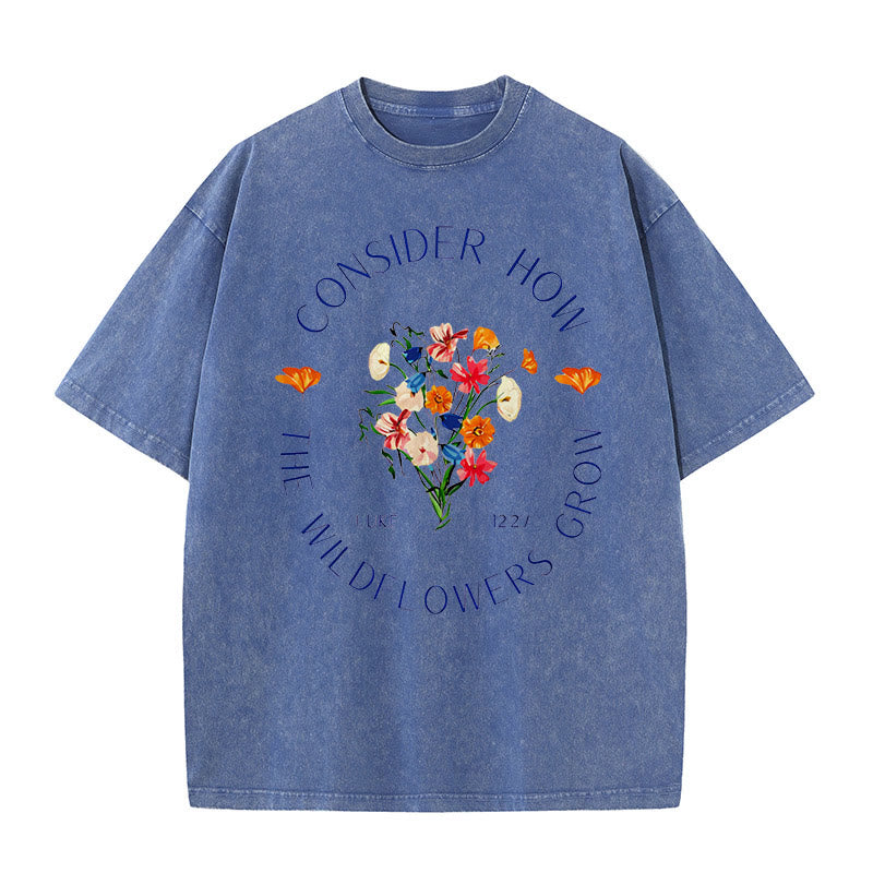 Christianartworkshop "Consider How The Wildflowers Grow" Unisex Washed T-Shirt - Blue - 5XL - image 1