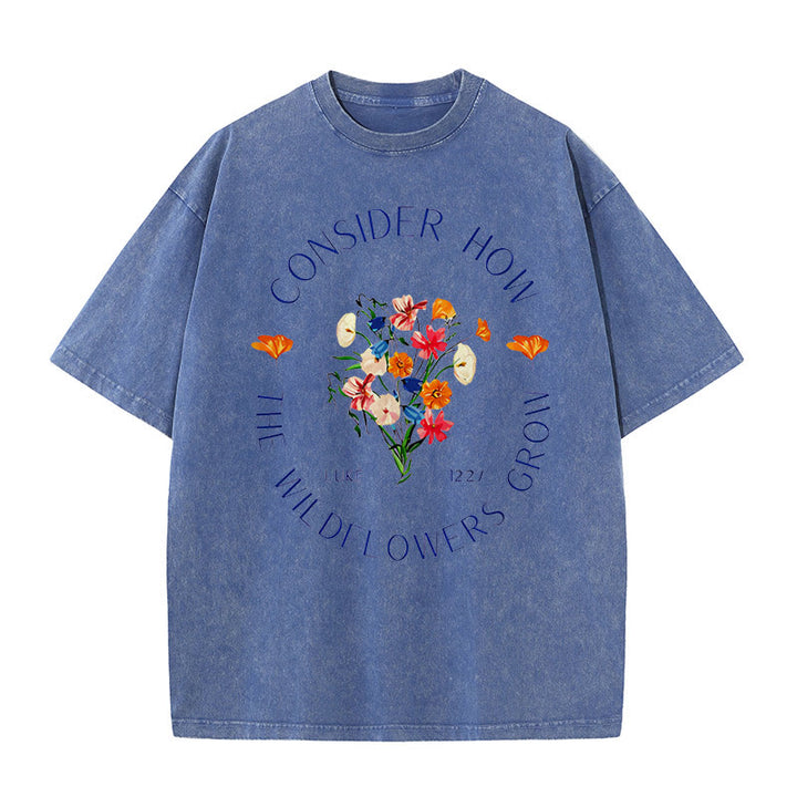 Christianartworkshop "Consider How The Wildflowers Grow" Unisex Washed T-Shirt - Blue - 5XL - image 1