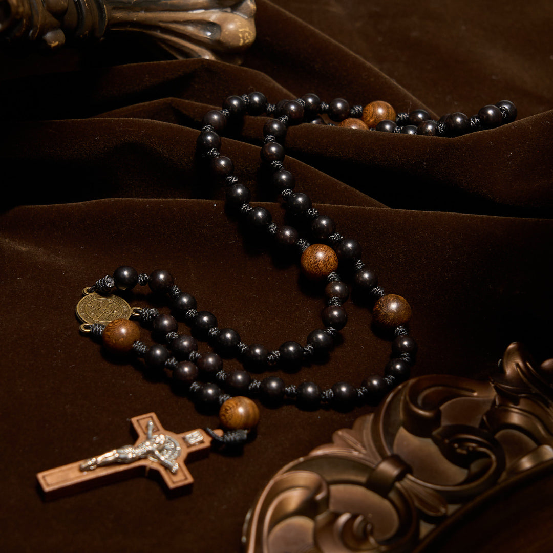 Christianartworkshop St. Benedict Medal & Crucifix of Black Wooden Round Beads Blessed Devotion Rosary - image 2