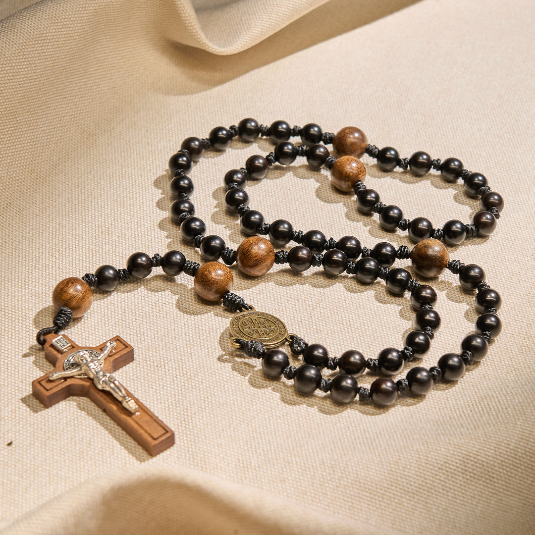 Christianartworkshop St. Benedict Medal & Crucifix of Black Wooden Round Beads Blessed Devotion Rosary - Ebony Beads - image 0