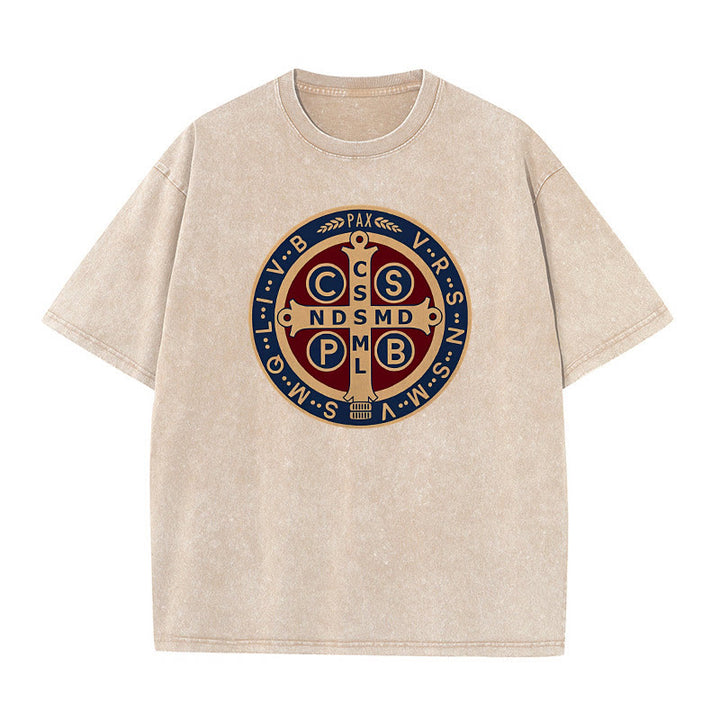Christianartworkshop St. Benedict Medal Holy Cross Unisex Washed T-Shirt - Apricot - 5XL - image 6