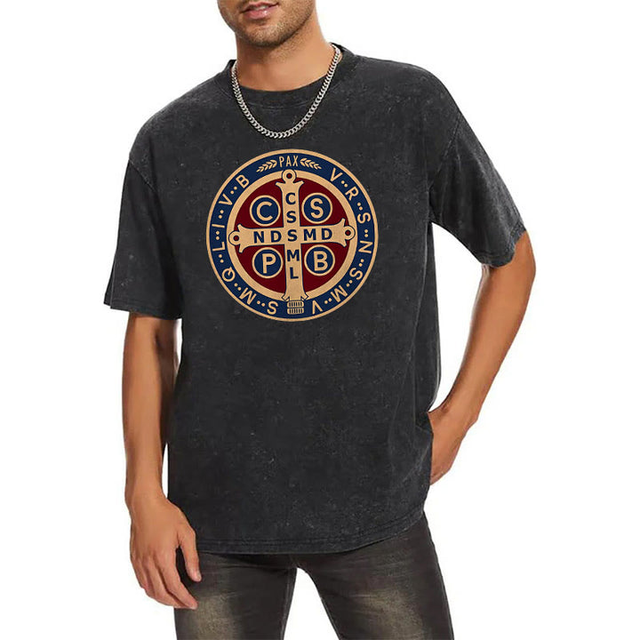 Christianartworkshop St. Benedict Medal Holy Cross Unisex Washed T-Shirt - image 2
