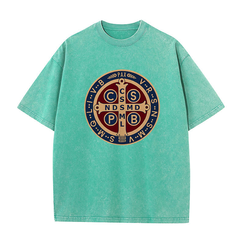 Christianartworkshop St. Benedict Medal Holy Cross Unisex Washed T-Shirt - Green - 5XL - image 8