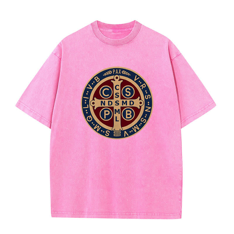 Christianartworkshop St. Benedict Medal Holy Cross Unisex Washed T-Shirt - Pink - 5XL - image 5
