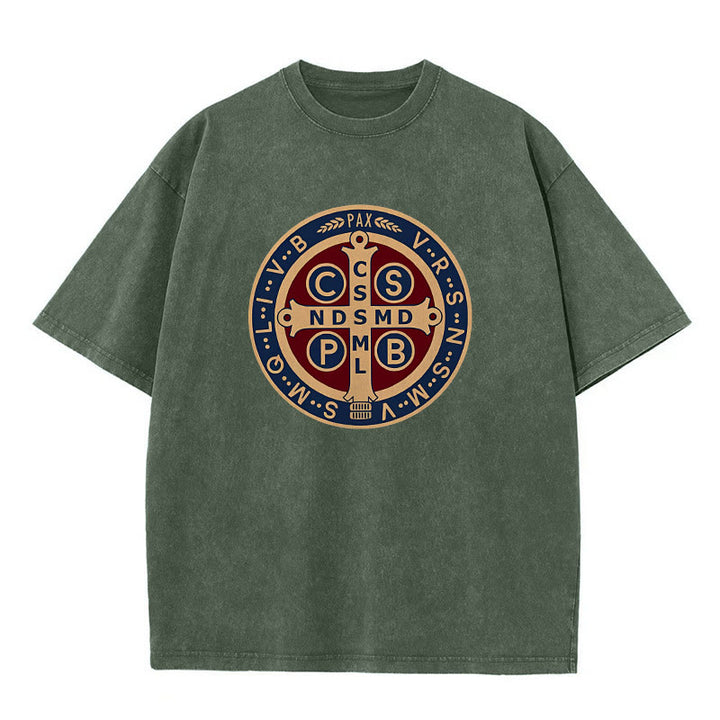 Christianartworkshop St. Benedict Medal Holy Cross Unisex Washed T-Shirt - Army Green - 5XL - image 3