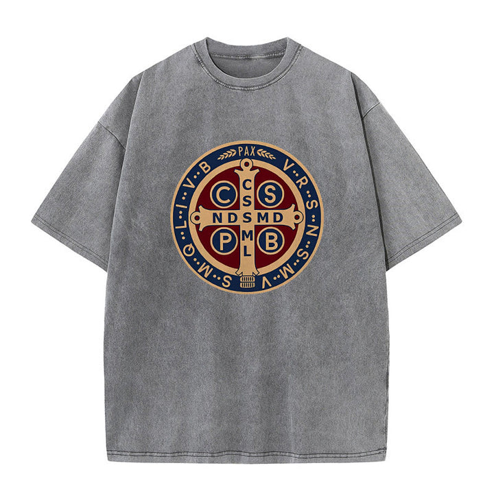 Christianartworkshop St. Benedict Medal Holy Cross Unisex Washed T-Shirt - Grey - 5XL - image 2