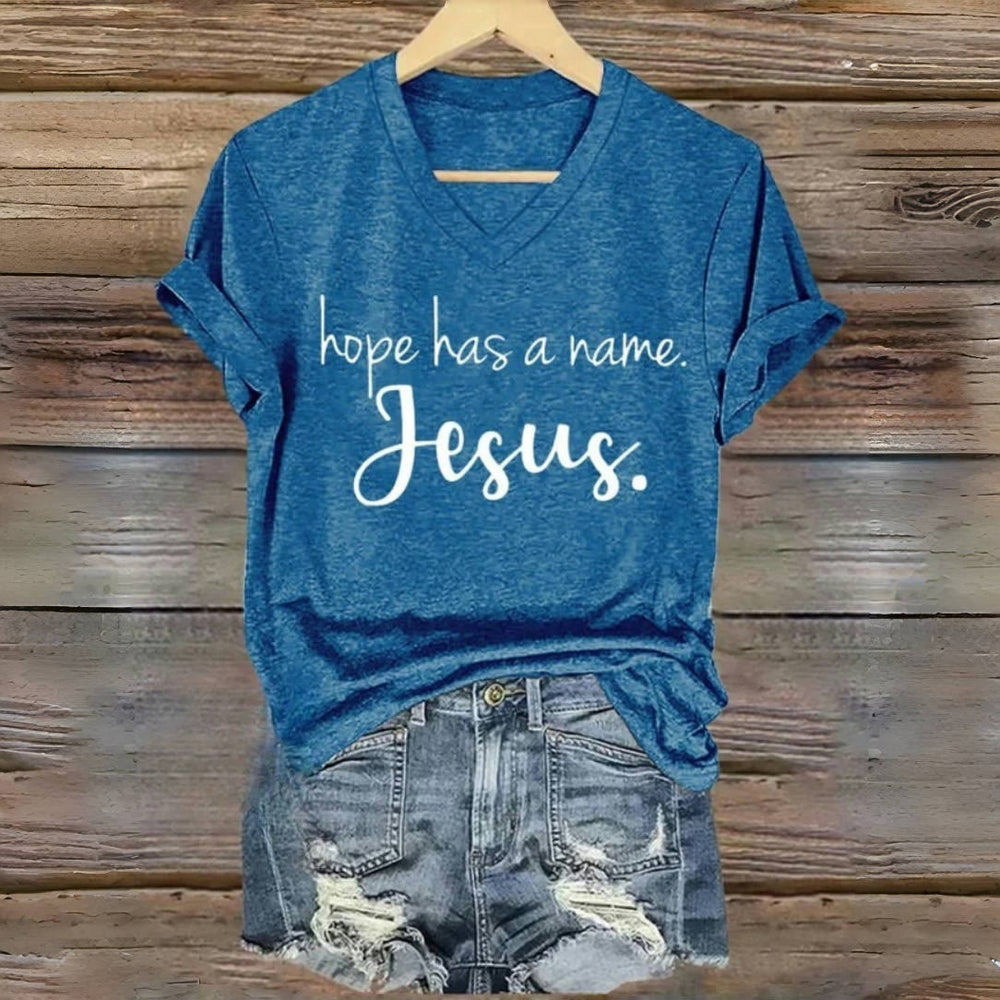 Christianartworkshop Hope Has A Name Jesus Print V-Neck T-shirt - Blue - 4XL - image 1