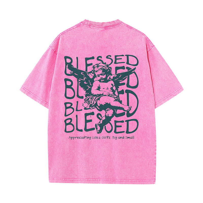 Christianartworkshop Inspired Blessed T-Shirt with Cherub Design Unisex Washed T-Shirt - Pink - 5XL - image 13