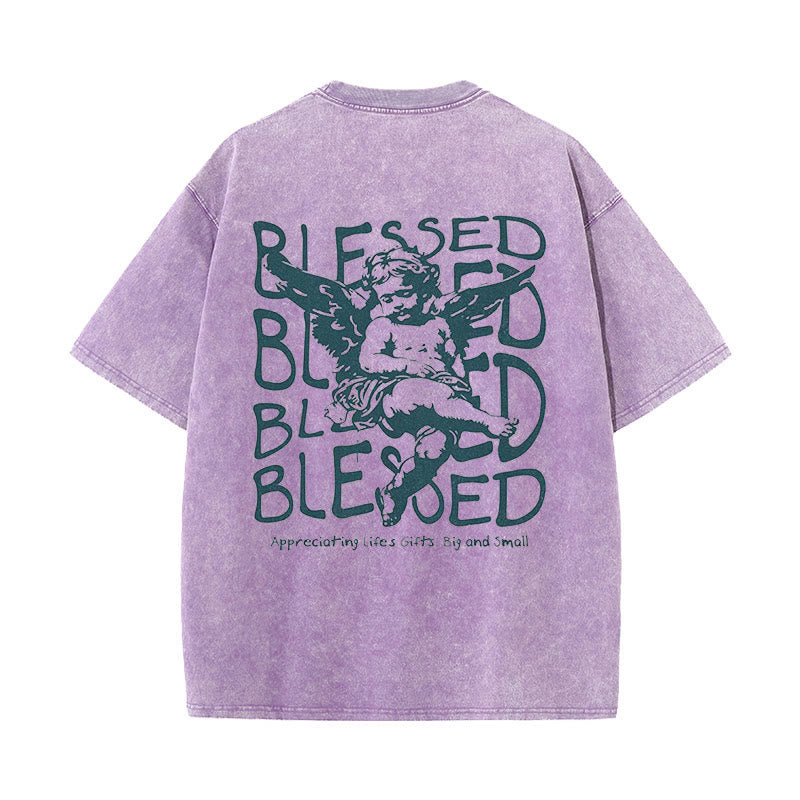 Christianartworkshop Inspired Blessed T-Shirt with Cherub Design Unisex Washed T-Shirt - Purple - 5XL - image 15
