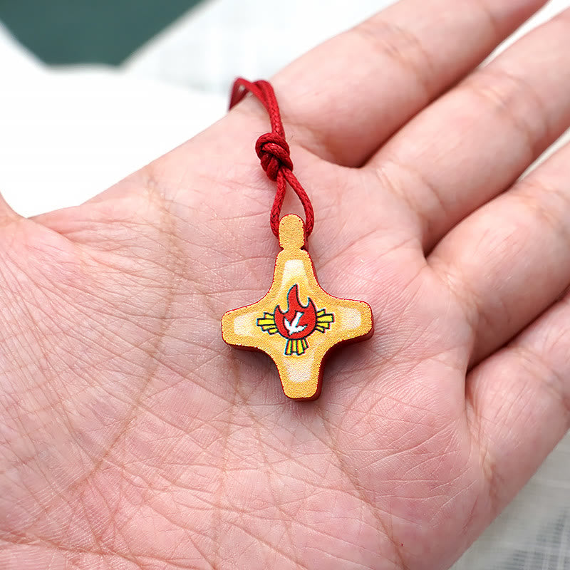 Christianartworkshop Holy Spirit Wooden Cross Pendant and Red Enameled Medal Necklace - image 1