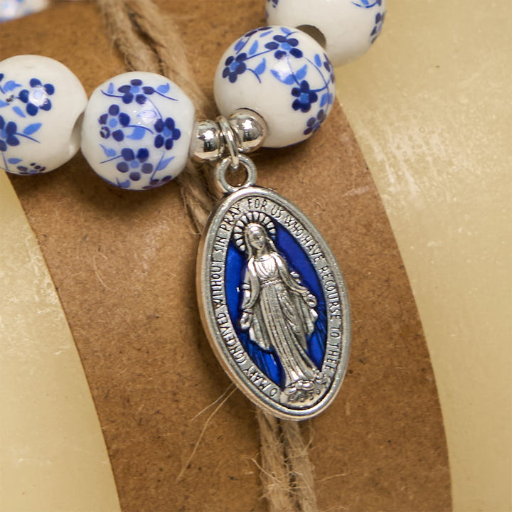 Christianartworkshop Blue & White Beaded Floral Bracelet with Miraculous Medal - image 4