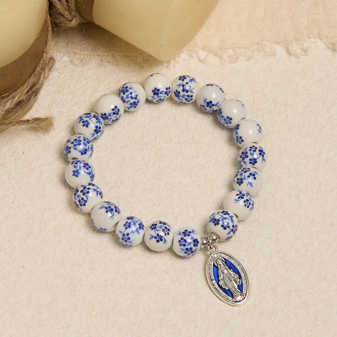 Christianartworkshop Blue & White Beaded Floral Bracelet with Miraculous Medal - image 1