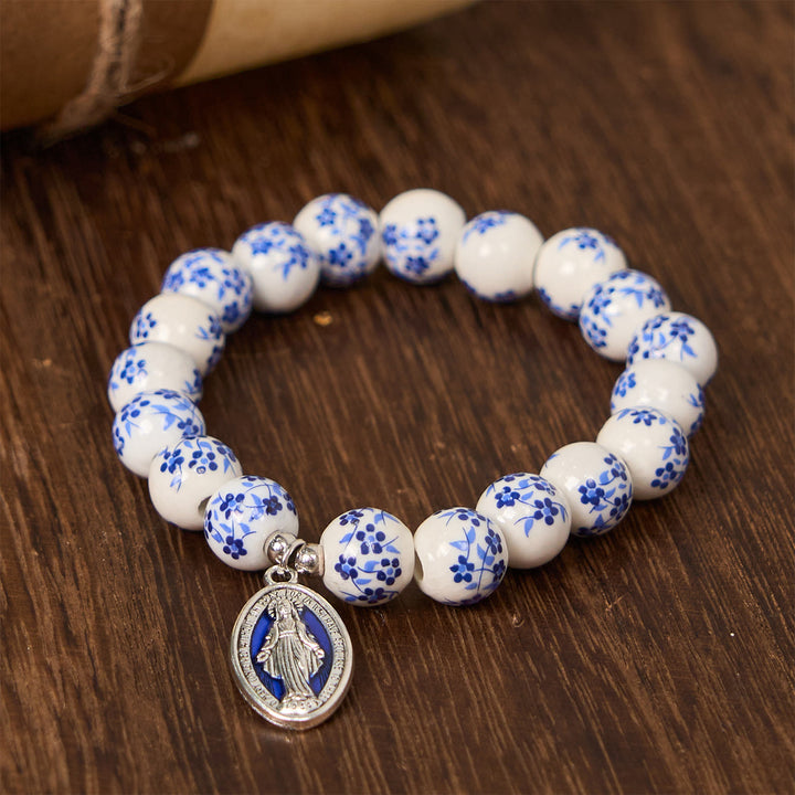 Christianartworkshop Blue & White Beaded Floral Bracelet with Miraculous Medal - Floral Miraculous Medal - image 0