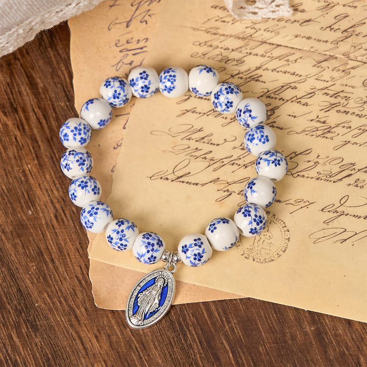 Christianartworkshop Blue & White Beaded Floral Bracelet with Miraculous Medal - image 3