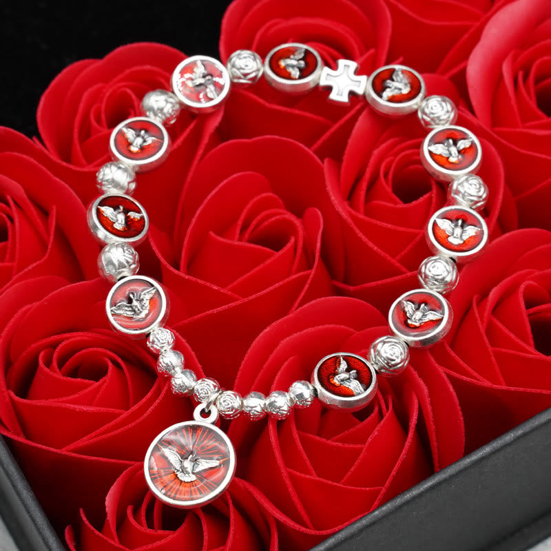 Christianartworkshop Enamel Holy Spirit with Cross and Rose Beads Bracelet: Cherished Symbol of Blessed Protection - image 0