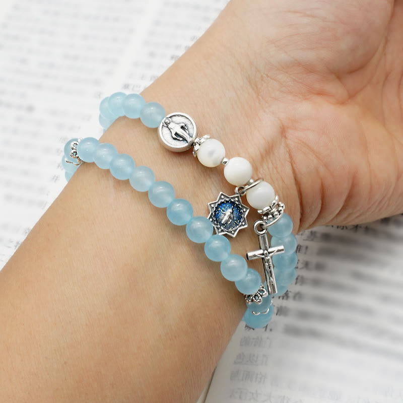Christianartworkshop 6mm Light Blue Bead Miraculous Medal & Crucifix Minimalist Bracelet: A Symbol of Faith - image 1