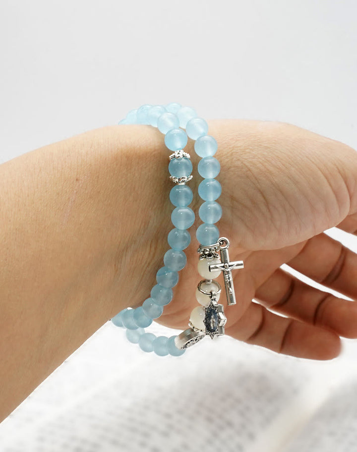 Christianartworkshop 6mm Light Blue Bead Miraculous Medal & Crucifix Minimalist Bracelet: A Symbol of Faith - image 3