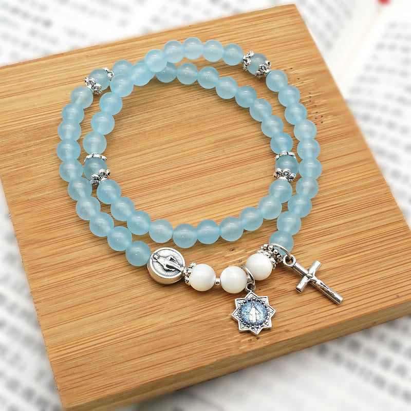 Christianartworkshop 6mm Light Blue Bead Miraculous Medal & Crucifix Minimalist Bracelet: A Symbol of Faith - Crucifix & Miraculous Medal - image 0