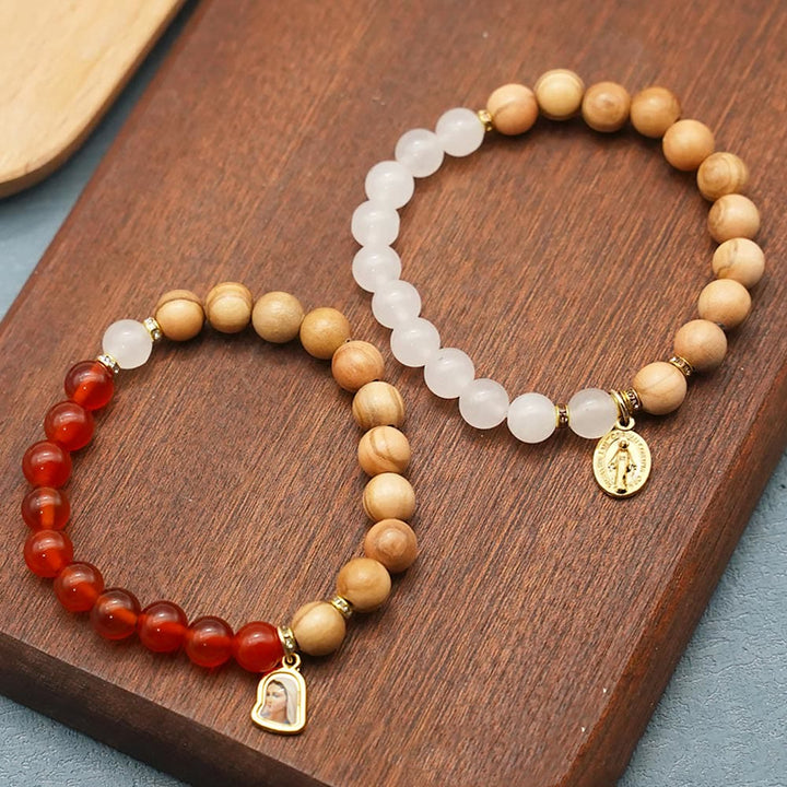 Christianartworkshop Red Agate & White Chalcedony Beads With Our Lady Pendant Bracelets: A Token of Devotion - Agate - image 0