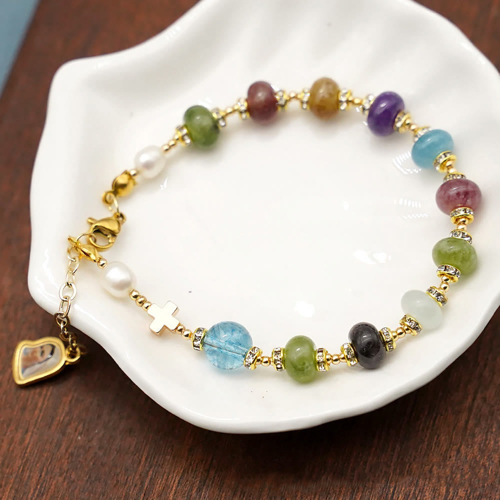 Christianartworkshop Miraculous Medal & Cross of Round Multicolor Natural Tourmaline Agate Bracelet - image 2