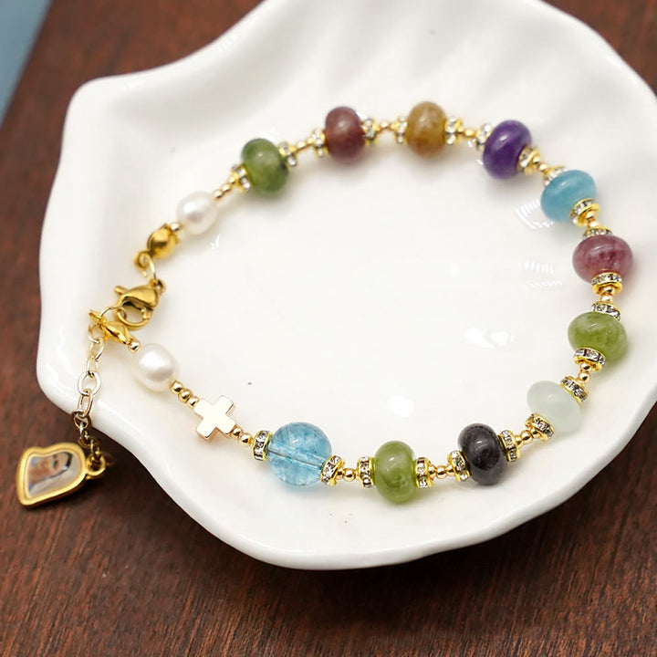 Christianartworkshop Miraculous Medal & Cross of Round Multicolor Natural Tourmaline Agate Bracelet - image 2