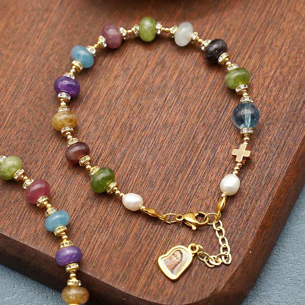 Christianartworkshop Miraculous Medal & Cross of Round Multicolor Natural Tourmaline Agate Bracelet - Tourmaline Agate - image 0