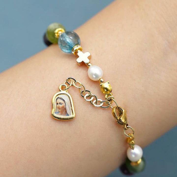 Christianartworkshop Miraculous Medal & Cross of Round Multicolor Natural Tourmaline Agate Bracelet - image 5