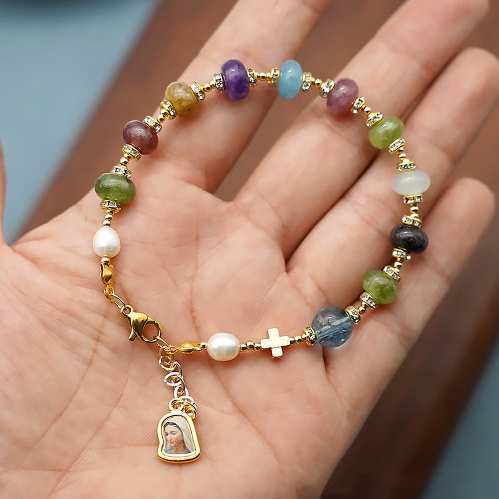 Christianartworkshop Miraculous Medal & Cross of Round Multicolor Natural Tourmaline Agate Bracelet - image 3