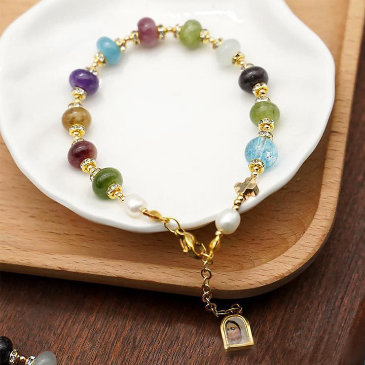 Christianartworkshop Miraculous Medal & Cross of Round Multicolor Natural Tourmaline Agate Bracelet - image 1