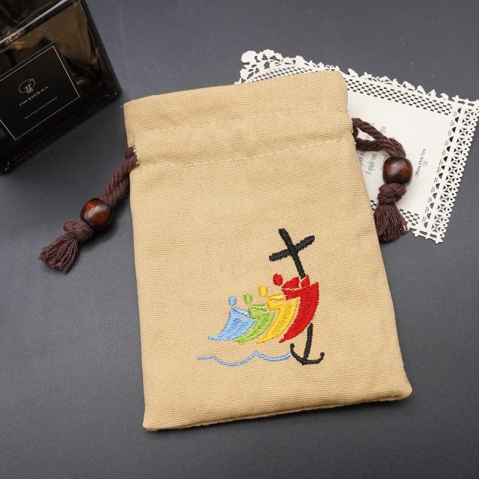 Christianartworkshop Jubilee Pilgrim Cotton Jewelry Pouches Storage Bag with Colorful Sailboat & Cross Embroidery: Divine Protection - Khaki - image 0