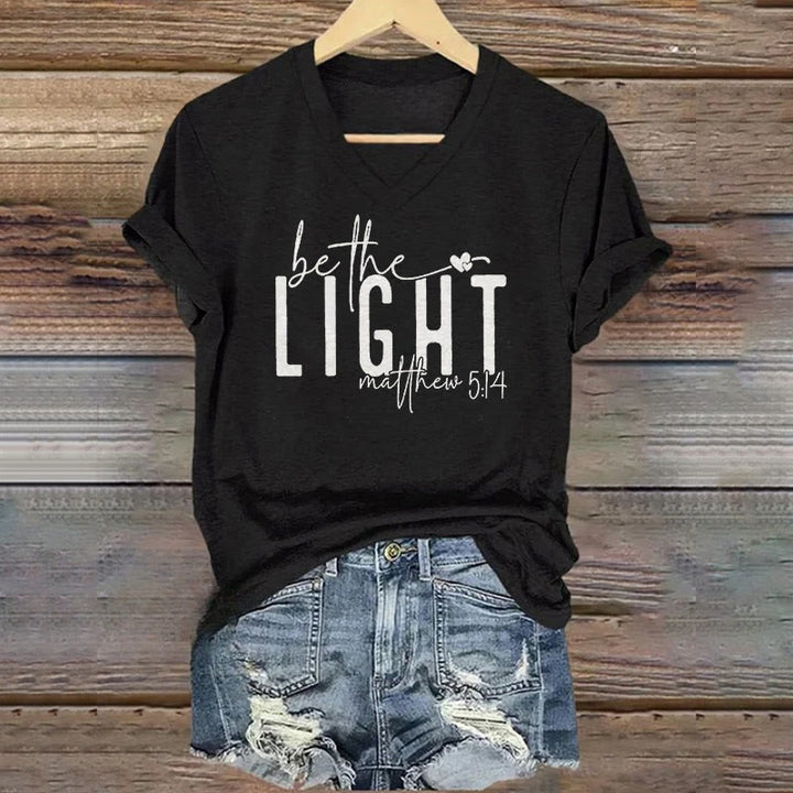 Christianartworkshop Women's Be The Light Faith Print V-Neck T-shirt - image 6