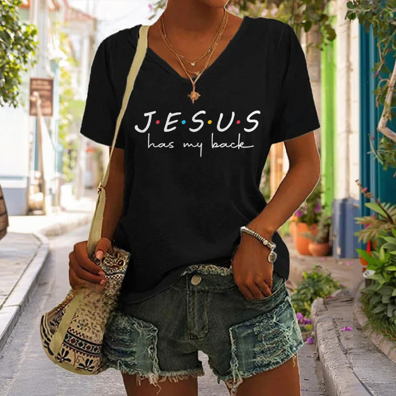 Christianartworkshop Women's Jesus Has My Back Print V-Neck T-shirt - image 1