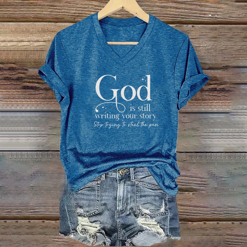Christianartworkshop Women's God Is Still Writing Your Story Print V-Neck T-shirt - Blue - 4XL - image 4