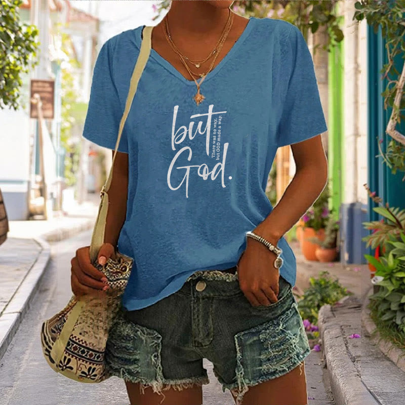 Christianartworkshop Women's Faith Christian But God Bible Verse Print V-Neck T-shirt - image 5