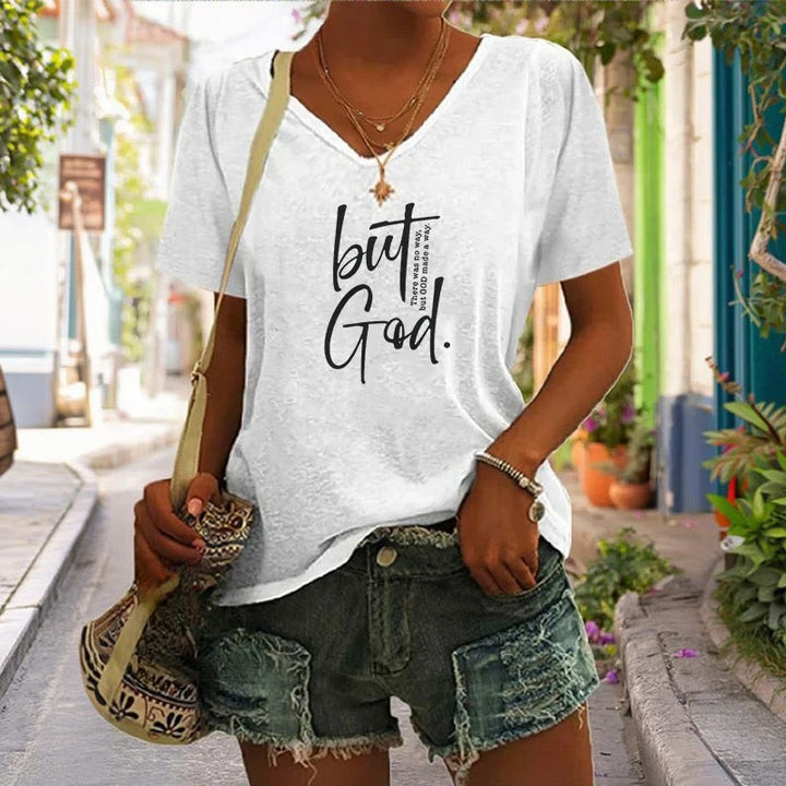 Christianartworkshop Women's Faith Christian But God Bible Verse Print V-Neck T-shirt - image 3