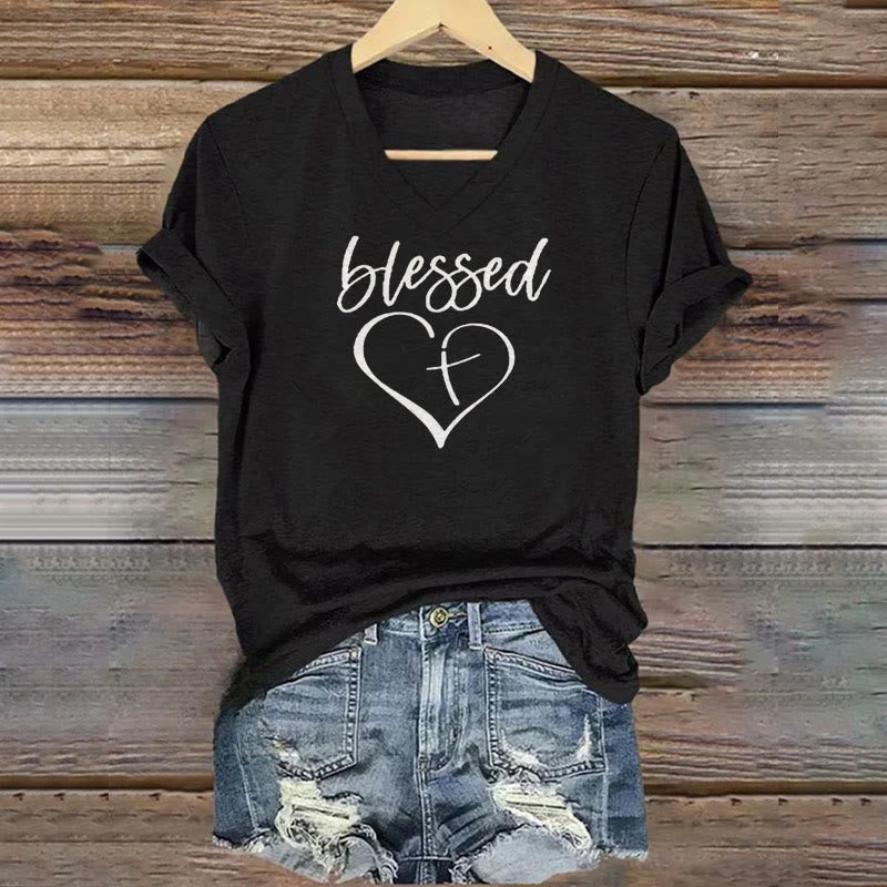 Christianartworkshop Women's Blessed Love Cross Jesus Has My Back Print V-Neck T-shirt - Black - 4XL - image 2