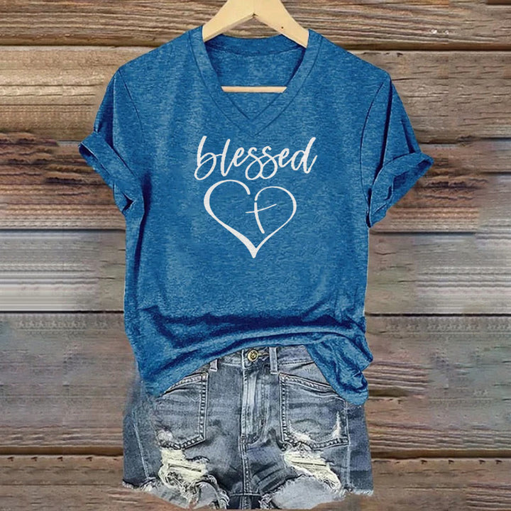 Christianartworkshop Women's Blessed Love Cross Jesus Has My Back Print V-Neck T-shirt - Blue - 4XL - image 6