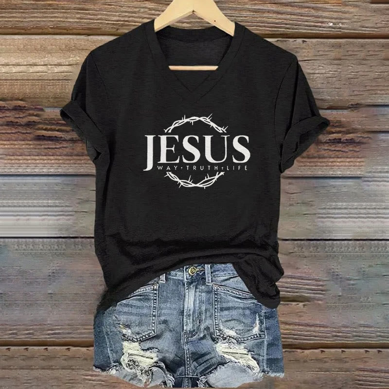 Christianartworkshop Women's Jesus Print Casual Print V-Neck T-shirt - Black - 4XL - image 0