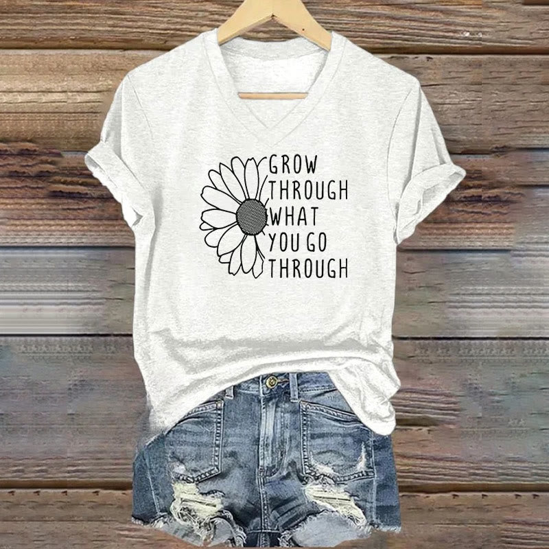 ChristianartworkshopWomen's Grow Through What You Go Through Print V-Neck T-shirt - White - 4XL - image 6